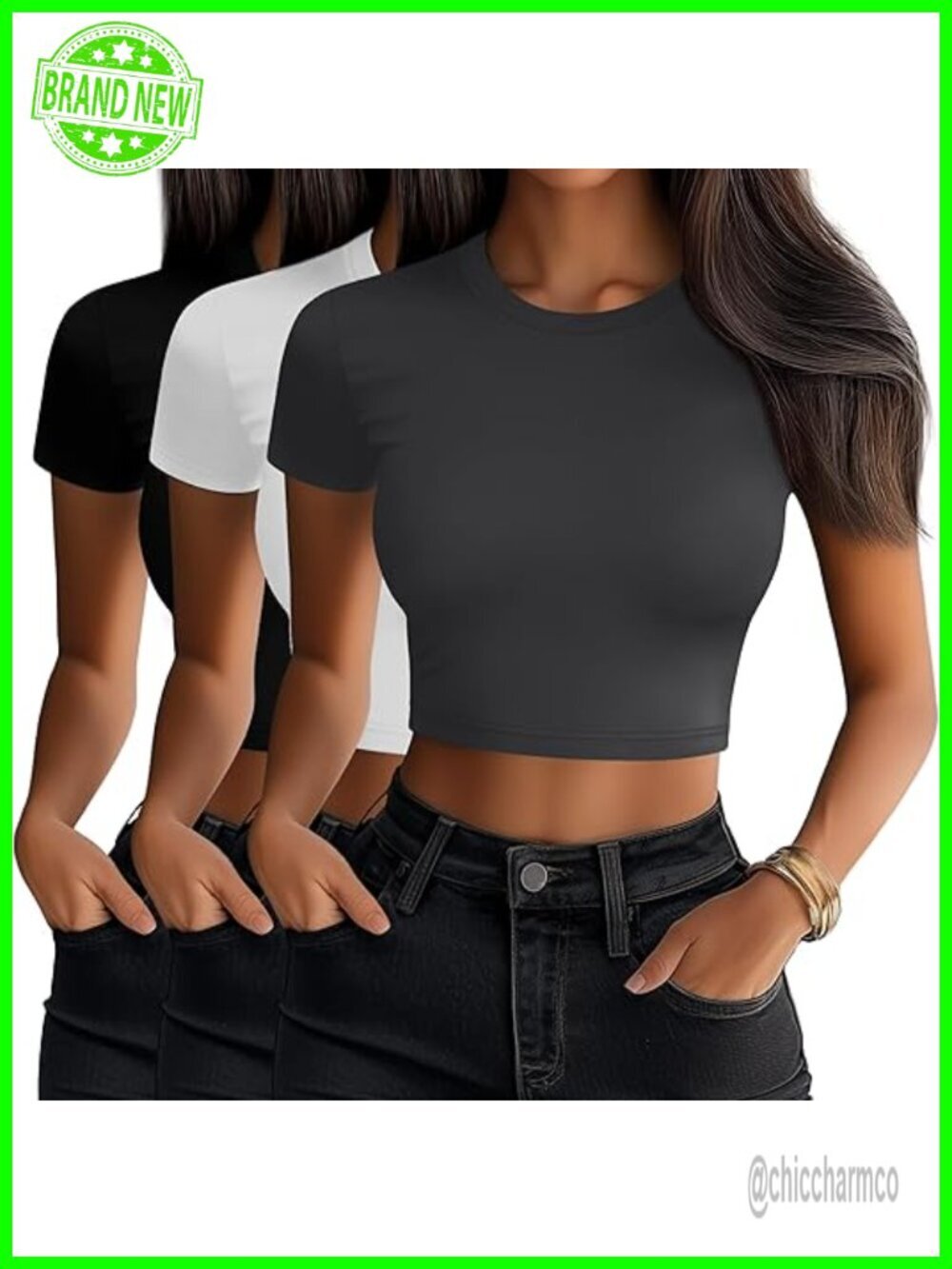 3 Pack Crop Tops Crew Neck Short Sleeve Slim Fitted Summer Casual Workout Basic